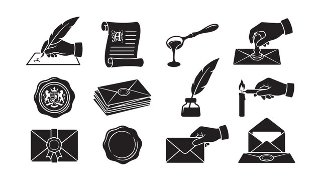 Vintage Correspondence and Mail Icons Set - Quill Pen, Wax Seal, Envelopes, and Scroll