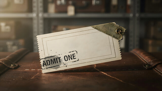 An old admit one ticket rests on a vintage suitcase.
