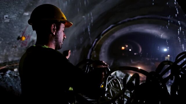 Worker in a hard hat stands inside a dark tunnel construction site with water spray and equipment, showing underground infrastructure, excavation work, safety gear and civil engineering progress.