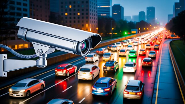 Security surveillance camera monitoring busy highway traffic in smart city transportation concept