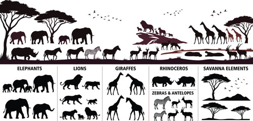 African savanna wildlife silhouettes collection vector illustration set featuring icons of elephants lions giraffes rhinoceros zebras antelopes and acacia landscape elements © Malati