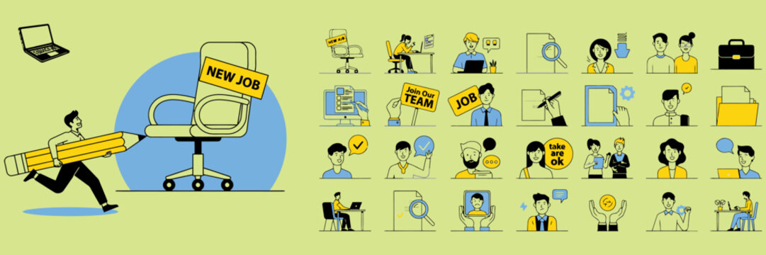 Set of flat line depicting job search and office recruitment with a hand holding a pencil and a chair on a light green background layout