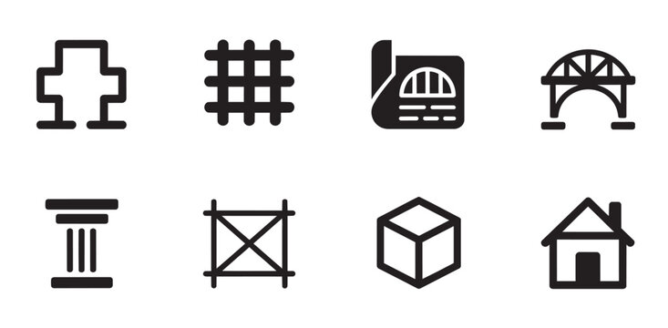 Minimalist geometric icons representing various symbols and structures in monochrome design