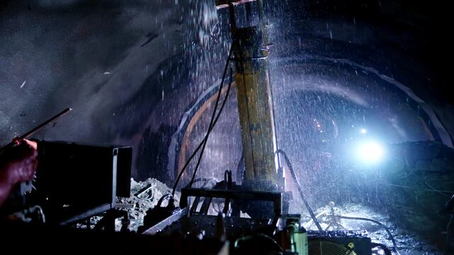 Heavy equipment operates inside a dark tunnel with water spray and intense lighting, showing underground excavation, tunnel engineering, construction machinery and infrastructure work in progress.