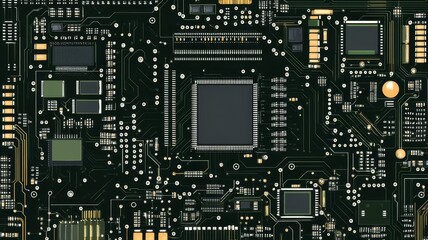 Fototapeta premium Close up view of complex electronic printed circuit board technology with microchips and integrated components.