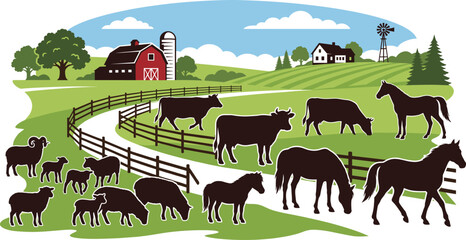 Rural farm landscape vector illustration with livestock silhouettes featuring cows horses sheep and lamb grazing on green pastures near red barn house © Malati