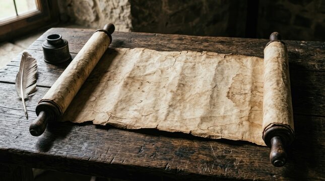 Ancient Scroll on a Wooden Table with Quill and Inkwell.