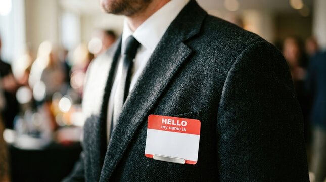 Man in Suit Wearing a Hello My Name Is Name Tag at Event.