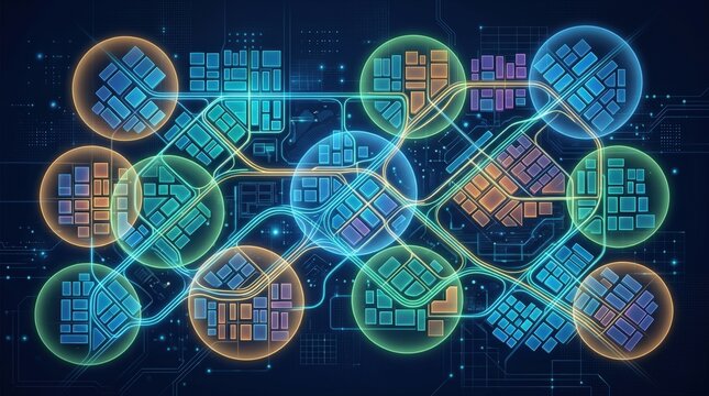 Connected Neighborhoods Network Abstract Map with Colorful Overlapping Zones