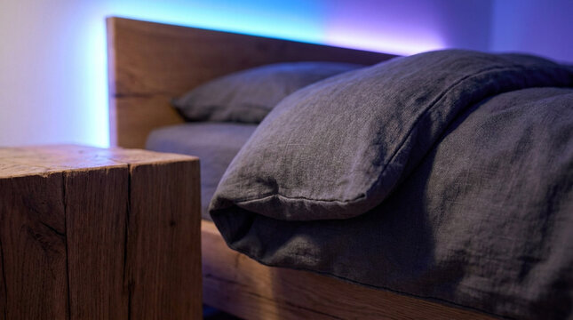 Modern Bedroom with Wooden Bedside Table and Gray Bedding
