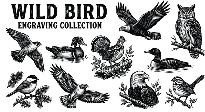 Wild bird engraving collection vector illustration set featuring vintage linocut sketches of eagle owl hawk falcon duck loon grouse and sparrow