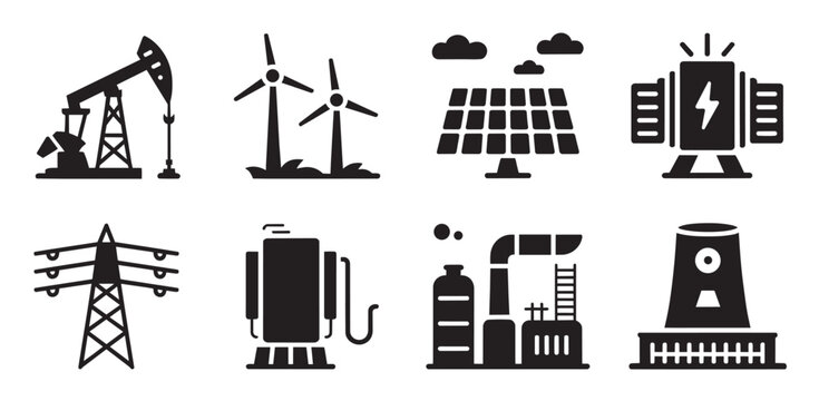 Modern Energy Sources Icon Set Showcasing Renewable and Industrial Power Generation