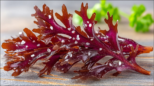 Fresh red sea moss sprig with sea salt crystals on rustic wooden surface, sea vegetable