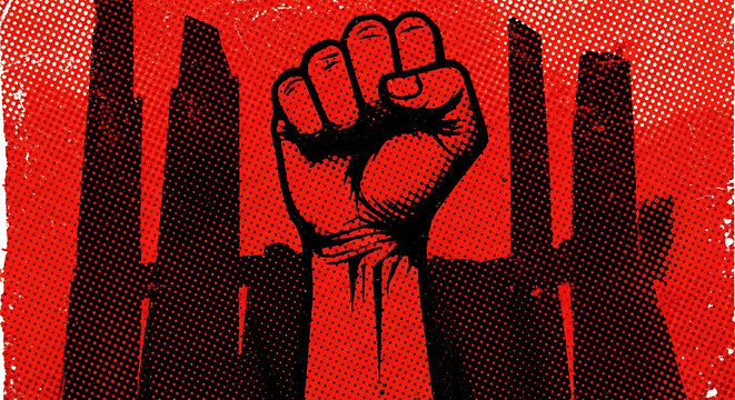 A clenched fist emerges from bars in a powerful gesture of protest and defiance in a dark and moody scene.