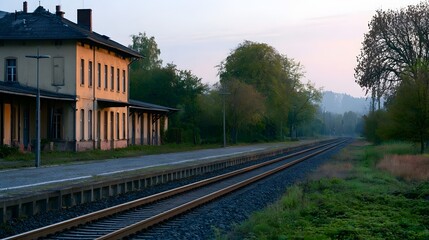 Fototapeta premium A tranquil historic old train station is captured under crisp evening light creating a peaceful and nostalgic atmosphere