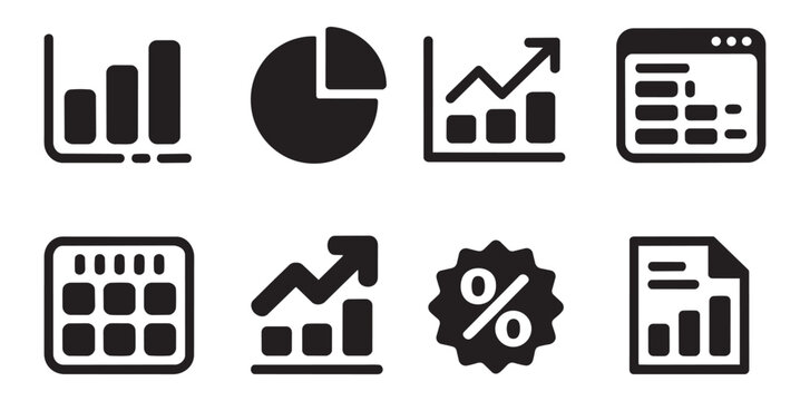 Minimalist icons representing business analytics, financial charts, and data visualization concepts