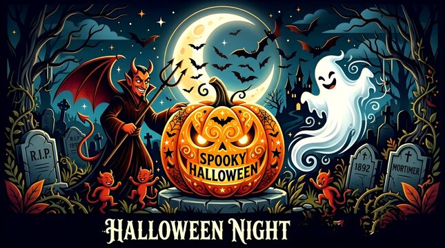 Halloween illustration with a giant glowing pumpkin banner, cheerful flying ghost, winged red devil holding a pitchfork, and little imps in a spooky graveyard at night under the moon.
