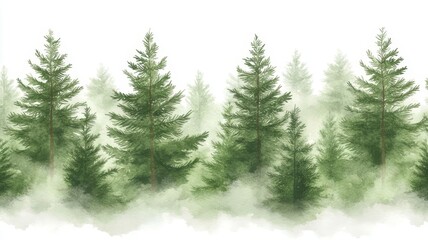 Fototapeta premium Watercolor pine tree forest border with soft misty foggy background design illustration.