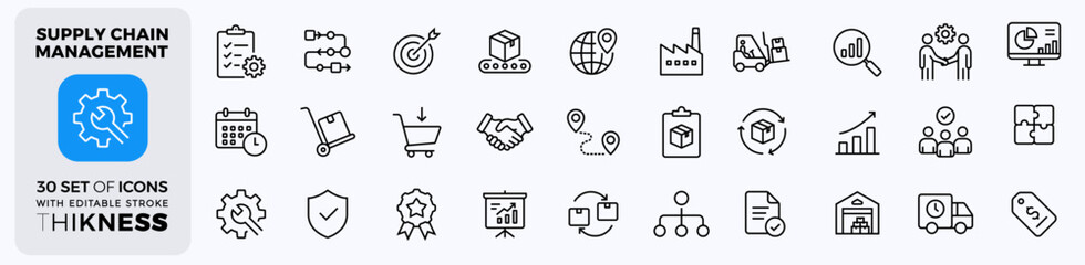 Supply chain management icons set in flat design style depicting logistics, manufacturing, and delivery process with minimal graphic element collections. Editable stroke. Vector illustrations. © iconverse
