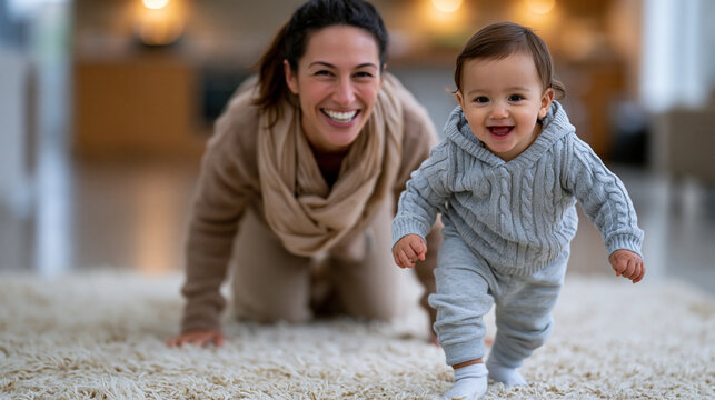A mother kneels on a bright living room rug, arms wide open and face lit with pure delight as a toddler of about one year old takes wobbly uncertain steps toward her across the sof
