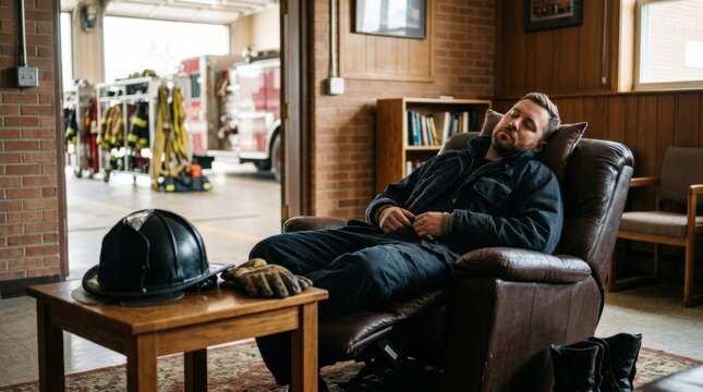 Firefighter resting asleep in lounge chair at fire station
