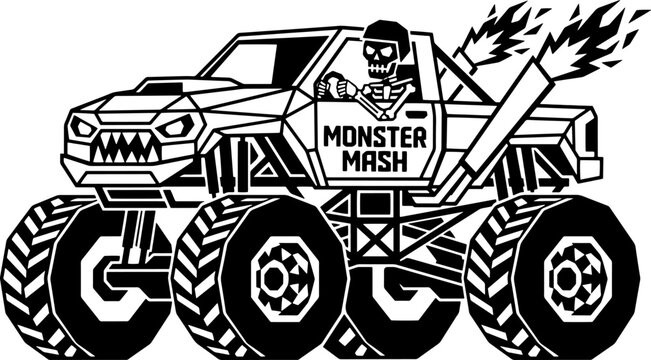 Skeleton monster truck driver with monster mash text and fire exhaust vector illustration for racing.