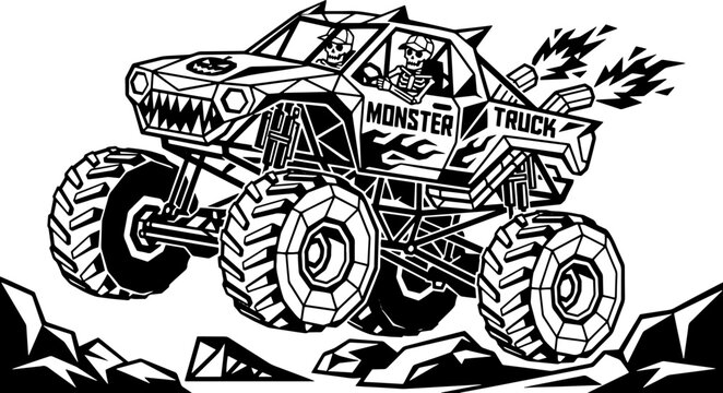 Monster truck monster jam driven by skeletons vector illustration with fire exhaust and sharp teeth.