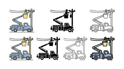 Electricity utility service truck with workers on boom lift bucket  various line style illustrations © MSTSENOARA