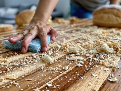 Hand Using Blue Sponge to Clean Bread Crumbs from Wooden Surface