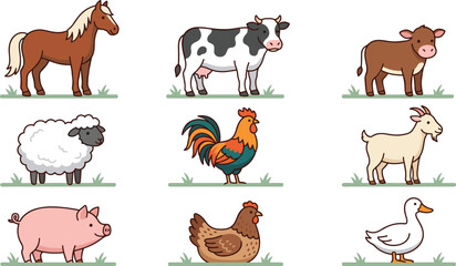 Fototapeta premium Cute Domestic Farm Animals Vector Icon Set with Horse, Cow, Calf, Sheep, Rooster, Goat, Pig, Hen, and Duck Standing on Green Grass Isolated