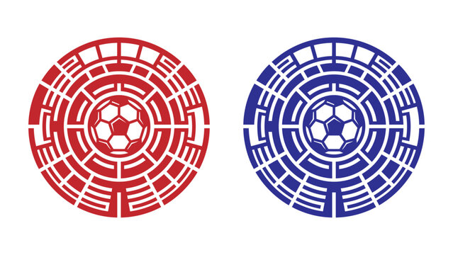 Soccer ball inside circular maze vector icons for sports competition and strategy design