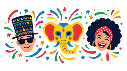 Fototapeta premium Colorful vector illustration featuring a festive carnival theme with happy people and an elephant mask