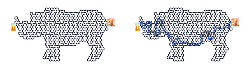 Maze puzzle depicting a rhino with solution illustration for kids   © Larisa