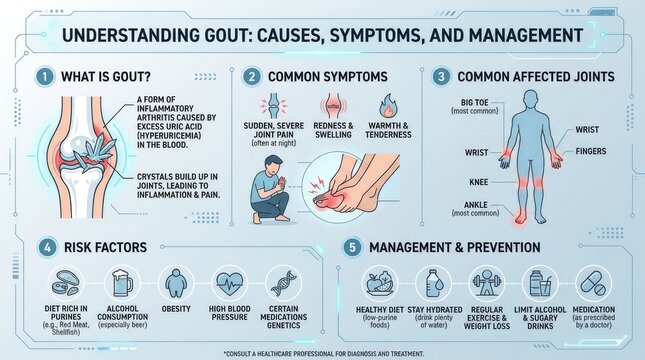 Gout ailment guide: human discomfort, bodily inflammation, joint crystal, painful episode, metabolic disorder, symptom description, risk aspect, prevention method.