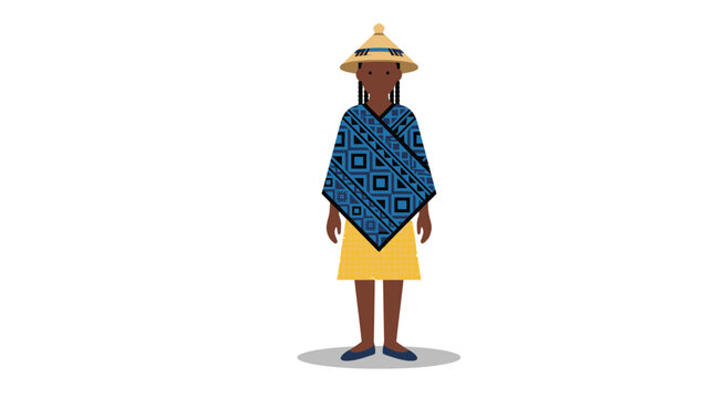 Flat vector illustration of a woman wearing a traditional patterned blue poncho and straw hat