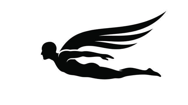 Minimalist black vector illustration featuring a flying human silhouette with large graceful wings in motion