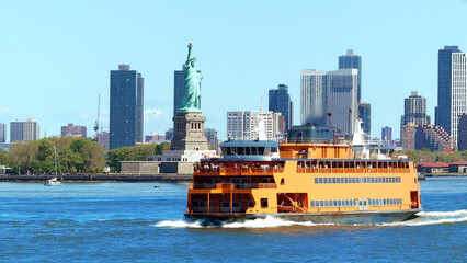A Staten Island Ferry vessel crosses New York Harbor with the Statue of Liberty and Lower Manhattan skyline in the background. © Roza Gurevich
