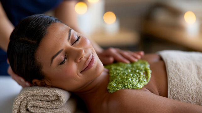 Woman lying prone on spa table during herbal body scrub ritual. Anatomically correct relaxed position: body straight, shoulders naturally aligned, head gently turned slightly to on