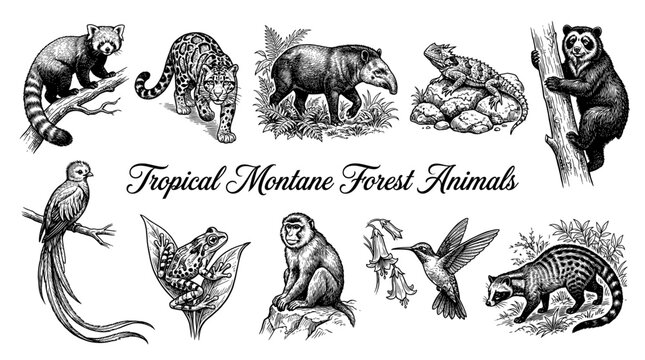 Tropical Montane Forest Animals Collection, Vintage Engraving Style Vector Illustration Featuring Red Panda, Clouded Leopard, Tapir, Spectacled Bear, Quetzal, Tree Frog, and Monkey