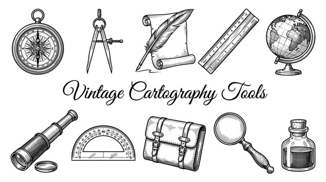 Vintage Cartography and Navigation Tools Illustration Set with Compass Globe and Telescope