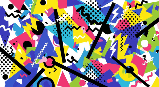 Retro 80s Memphis Style Abstract Pattern Background, Vibrant Geometric Design
