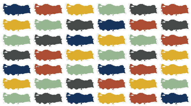 Collection of colorful mustache illustrations in various shades and styles, arranged in a grid pattern on a plain background