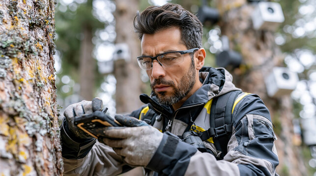 Realistic commercial stock photo of a Middle Eastern male ecologist field technician, mid 30s, medium-warm skin tone, short dark beard, wearing a technical field jacket, safety ves