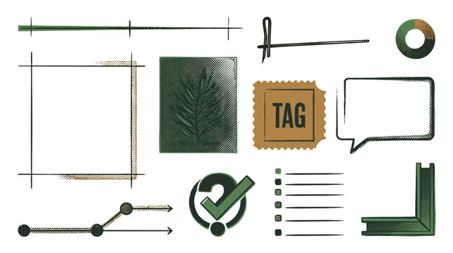 Collection of various office and construction tools, tags, and documents arranged