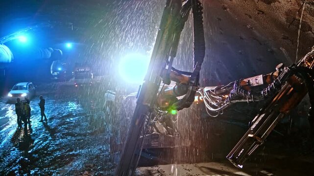Heavy equipment operates inside a dark tunnel with water spray and intense lighting, showing underground excavation, tunnel engineering, construction machinery and infrastructure work in progress.