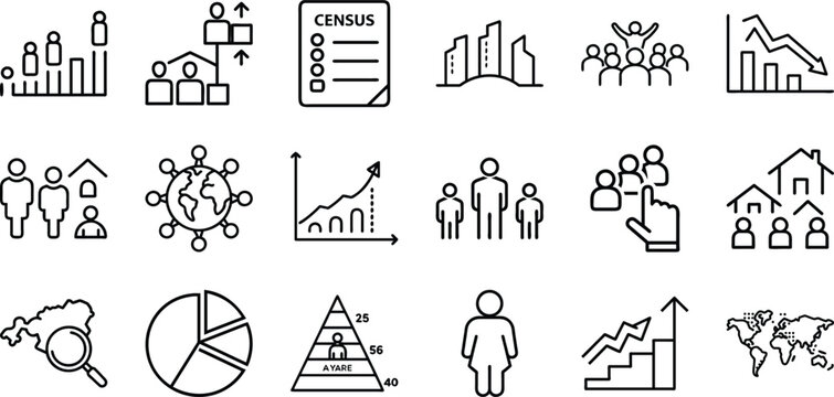 Population Census and Demographic Statistics Thin Line Icon Set with Growth Charts Analytics Pie Graph and Global Analytics Vector Illustration