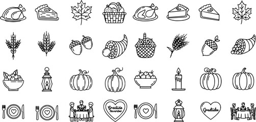 Collection of Thanksgiving line icons for autumn harvest and holiday celebration vector set © Ahmad nur