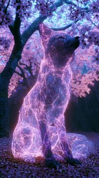Futuristic kitsune formed from luminous particles and neural network connections, seated beneath holographic cherry blossom trees, cyber-mythology aesthetic, ethereal and surreal scene.