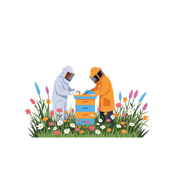 Beekeepers in protective suits inspecting a beehive among colorful flowers