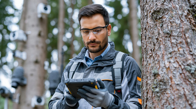 Realistic commercial stock photo of a Middle Eastern male ecologist field technician, mid 30s, medium-warm skin tone, short dark beard, wearing a technical field jacket, safety ves